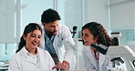Scientist, people and happy with laptop, team and discussion for medical research project. Man, women and computer with results, report and solution for vaccine development with pharma study at lab