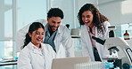 Scientist, people and excited with laptop, group and breakthrough for medical research project. Man, women and computer with results, report and happy for vaccine development with pharma study at lab