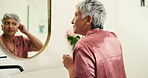 Home, mirror and woman with smile for haircare, growth treatment and keratin results in morning. Bathroom, mature person and reflection with self care for cosmetics, grooming and check style in house