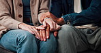 Therapy, couple and trust with holding hands for support, partnership or commitment in relationship. Psychology, people or compassion with gesture for empathy, bonding or love with healing in closeup