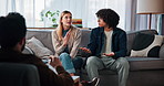 Conflict resolution, counseling and couple in therapy with psychologist for marriage reconciliation. Communication, conversation or psychology with man and woman speaking to therapist for healing