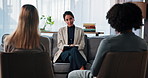 Sofa, couple and therapist with advice for counseling, marriage discussion and support for healing. Therapy, psychologist and woman with people in relationship, consultation and help with guidance