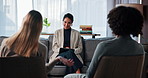 Sofa, therapist and couple with feedback for counseling, marriage progress and support for healing. Therapy, psychologist and woman with people in relationship, consultation or recovery with guidance