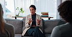 Sofa, couple and psychologist with discussion for counseling, marriage advice and support for healing. Therapy, therapist and woman with people in relationship, consultation and helping with guidance