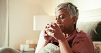 Sick, mature woman and drinking water with pills for pain, virus or insomnia in bed. Healthcare, flu and senior person in bedroom for sleep with illness, infection or cold prescription for recovery