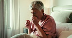 Mature woman, tissue and sick in bed with stress, blowing nose and cleaning for mucus at house. Person, paper and frustrated with illness, flu or cold with rest, recovery and hygiene at apartment