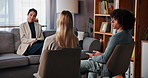 Sofa, psychologist and couple with feedback for counseling, marriage advice and support for healing. Therapy, therapist and woman with people in relationship, consultation and recovery with progress
