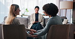 Couple, counseling and love with people in therapy for communication, support and psychology. Marriage expert, partner and relationship advice with man and woman in clinic for trust and commitment