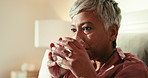 Sick, senior woman and drinking water with pills for pain, virus or insomnia in bed. Healthcare, flu and mature person in bedroom for sleep with illness, infection or cold prescription for recovery