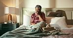 Sick, blowing nose and senior woman in bed with allergies, flu or cold on weekend morning in home. Illness, sneezing and mature female person in retirement with tissue for sinus in bedroom at house