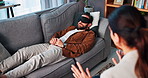 Man, woman and blindfold with therapist for mental health, listen or consultation for wellness. Psychologist, person and talk with sensory deprivation with counselling, guide or assessment at clinic