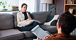 Woman, talk and therapist with clipboard for counseling, psychology assessment and support. Patient, psychologist and medical checklist, evaluation notes and information of treatment on mental health
