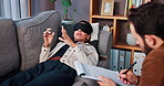 Consultation, therapy and woman with blindfold, stress and session for recovery support and mental health. Counselor, psychologist and patient in sensory depravation for trauma, depression or crisis