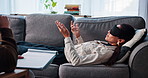Man, therapist and woman with blindfold, story and notes for recovery support and mental health. Clipboard, psychologist and patient in sensory depravation talking for trauma, depression or crisis