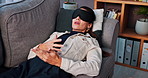 Consultation, therapist and woman with blindfold, talk and story for recovery support and mental health. Counselor, psychologist and patient in sensory depravation for trauma, depression or crisis