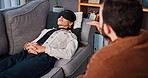 Man, therapist and woman with blindfold, breathe and advice for recovery support and mental health. Technique, psychologist and patient in sensory depravation talking for trauma, depression or crisis
