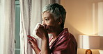 Coffee, thinking and window with senior woman in home for memories, nostalgia and morning. Relax, smile and wellness with happy mature person drinking caffeine beverage in apartment for weekend
