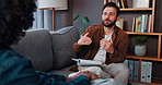 Advice, psychologist and talking to patient, men and appointment for mental health and consultation. Counseling, people and therapist with notebook for progress, communication and help in office