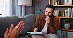Man, therapist and thinking with client on sofa for listening, advice or discussion at home. Male person, psychologist or counsellor taking notes for mental health, assessment or therapy session