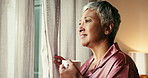 Coffee, smile and window with senior woman in home for memories, nostalgia and morning. Relax, thinking  and wellness with happy mature person drinking caffeine beverage in apartment for weekend