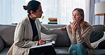 Notes, therapy and women with anxiety, empathy and consultation for recovery support and mental health. Counselor, psychologist and clipboard in conversation for trauma, stress or explain depression