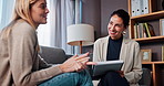 Smile, clipboard and therapy with woman and psychologist for trust, communicate guide and client. Counseling, anxiety advice and assessment with people in clinic for support, help and meeting 