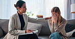 Clipboard, therapy and women with anxiety, empathy and consultation for recovery support and mental health. Counselor, psychologist and notes in conversation for trauma, stress or explain depression
