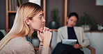 Therapist, thinking and women with consultation, depression and mental health with anxiety. Psychologist, client or people in office, stress or decision with counselling, ptsd or checklist evaluation