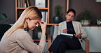 Mental health, woman and talking to psychologist in therapy for anxiety, trauma or advice. Psychology, counseling session and doctor with patient in clinic for healing, assessment or wellness support