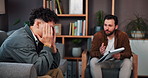 Mental health, psychologist and talking to patient, men and appointment for advice and consultation. Counseling, people and therapist with notebook for progress, trauma and communication in office