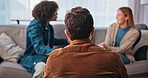 Fight, couple and therapy with psychologist in office for conflict, marriage counseling and divorce. Relationship mediation and anger with man and woman in clinic for affair, conversation and crisis