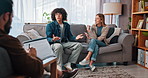 Couple, therapy and advice with people in office for relationship counselor, help and talking. Marriage counseling, psychologist and assessment with man and woman in clinic for healing and growth