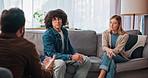 Couple, therapy and listening with people in office for relationship counselor, help and talking. Marriage counseling, psychologist and assessment with man and woman in clinic for healing and growth