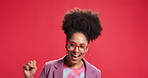 Dance, winner and face of woman in studio excited for fashion discount, sale and bargain. Trendy style, space and portrait of person with yes, wow and happy for winning competition on red background