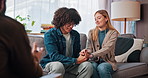Couple, counseling and holding hands on sofa, service or therapist for pre marital course in office. Happy, man and woman with psychologist for communication skills, consultation and people on couch