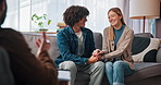 Couple, counseling and happy with people in therapy for communication, support and psychology. Marriage expert, partner and relationship advice with man and woman in clinic for love and commitment