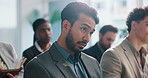 Business man, listen and audience at convention with training, presentation and  at company. People, employees and talk in crowd at event with attention, notes or info at corporate conference