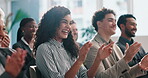 Applause, support and audience with business woman for project, achievement and success. Tradeshow presentation, winner and community without group of people at seminar for celebration and cheering 