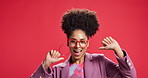 Studio, face and woman with earrings, fashion and smile with glasses, pink background and confident. Mockup space, gesture and African person with eyewear, dancing and trendy outfit with jewellery