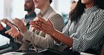 Audience, applause and group in workshop, success or celebration for training session or colleagues. Clapping, hands and achievement for people in seminar, crowd and thank you for presentation