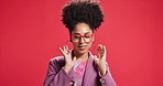Studio, face and woman with earrings, confident and smile with glasses, pink background and fashion. Mockup space, proud and African person with eyewear, happy and trendy outfit, stylish or jewellery