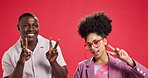 Face, smile and couple with peace sign in studio for victory, success or fashion on red background. African man, woman and portrait with v hand gesture for win, achievement and celebration together
