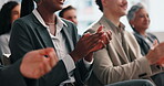 Colleagues, applause and group in workshop, success or celebration for training session or audience. Clapping, hands and achievement for people in seminar, crowd and thank you for presentation