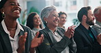 Applause, celebration and audience with business woman for project, achievement and support. Tradeshow presentation, winner and community with group of people at seminar for success and cheering 