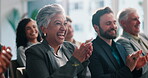 Applause, finger gun and business woman in audience for project, achievement and support. Tradeshow presentation, winner and community with mature person at seminar for success and cheering 