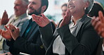 Clapping, success and seminar with hands of business people in audience for meeting, workshop and deal. Applause, celebration and conference with employees at convention for event, crowd and support