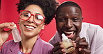 Couple, skincare product and face of people in studio for advertising, marketing and brand promotion. Beauty, excited or woman and man show cosmetic container on red background for dermatology 