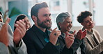 Clapping, success and seminar with business man in audience for meeting, workshop and deal. Applause, celebration and conference with group of employees at convention for event, crowd and support