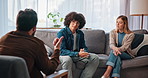 Couple, therapy and talking with people in office for relationship counselor, help and advice. Marriage counseling, psychologist and assessment with man and woman in clinic for healing and growth