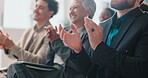 Colleagues, applause and group in workshop, celebration or success for training session or audience. Clapping, hands and achievement for people in seminar, crowd and thank you for presentation